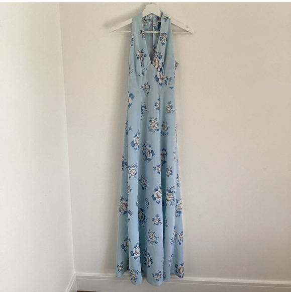 Vtg 70s Richard Shops maxi halter neck A line floral rose pale baby blue dress - Picture 8 of 8